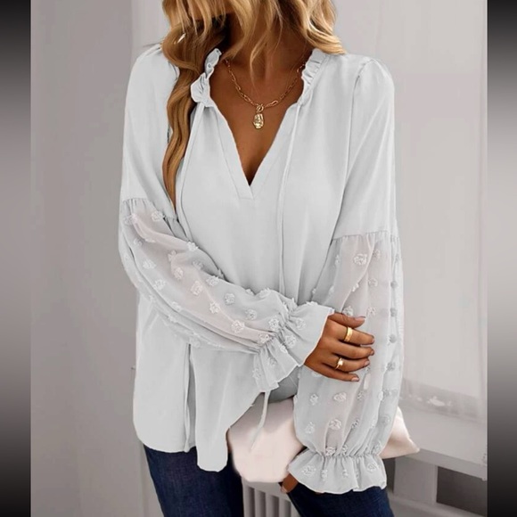 Boho white Swiss dot sleeve tie neck blouse - Picture 4 of 6